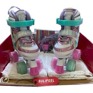 SULIFEEL Rainbow Unicorn 4 Size Adjustable Light up Roller Skates for Kids